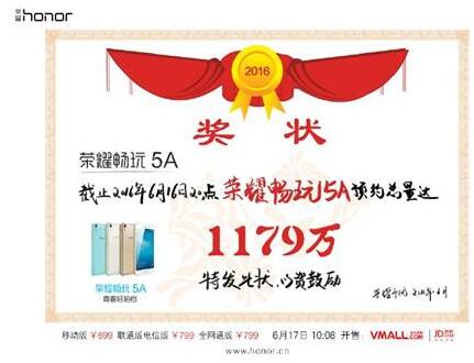 800萬(wàn)前置攝像頭 榮耀暢玩5A預(yù)約量達(dá)1179萬(wàn)