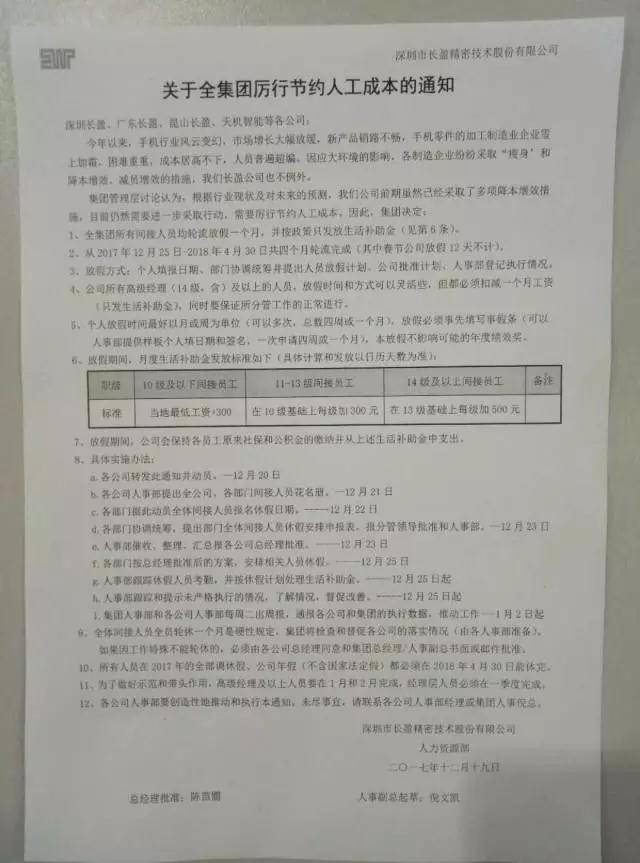 長盈精密澄清“虧損2億AB客戶出問題”不存在，員工輪流休假一月