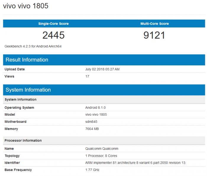 vivo又一款驍龍845旗艦現(xiàn)身:單核2445 多核9121