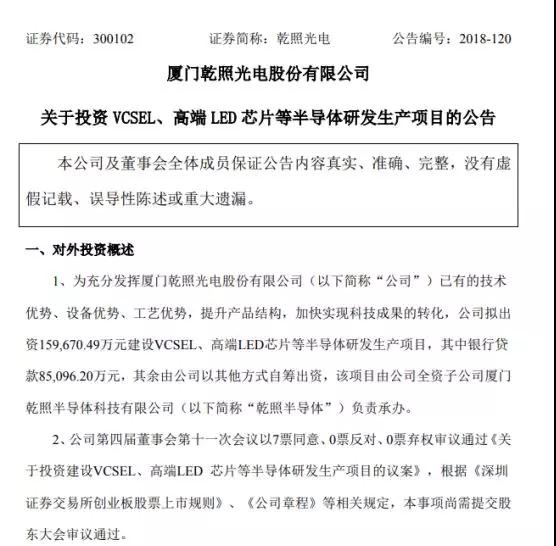 廈門(mén)乾照光電：擬出資15.97億元建設(shè)VCSEL/高端LED芯片研發(fā)生產(chǎn)項(xiàng)目