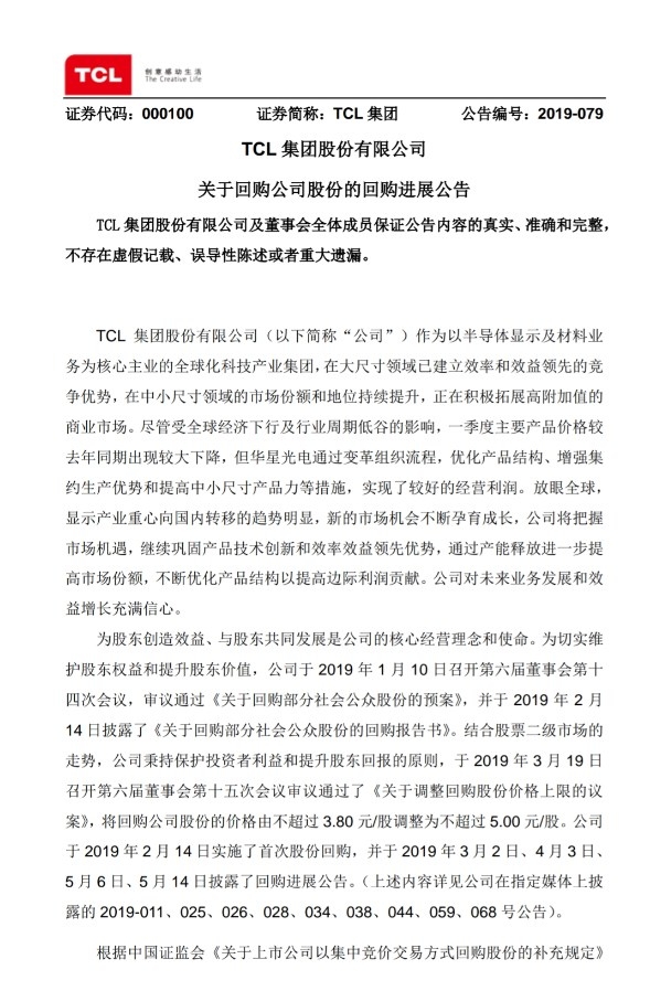 TCL集團(tuán):截至5月底回購2.64%公司股份